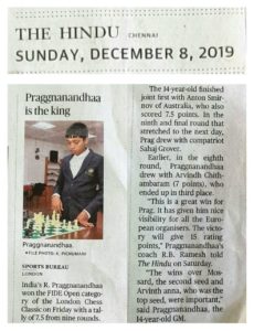 Read more about the article Praggnanandhaa is the King – THE HINDU 8 Dec 2019