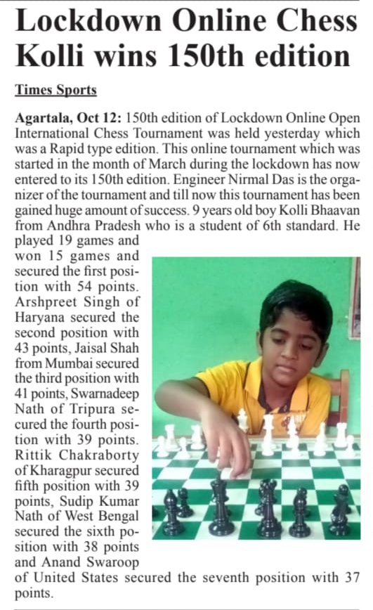 Read more about the article Kolla Bhavan wins 150th Edition of Lockdown Online Chess