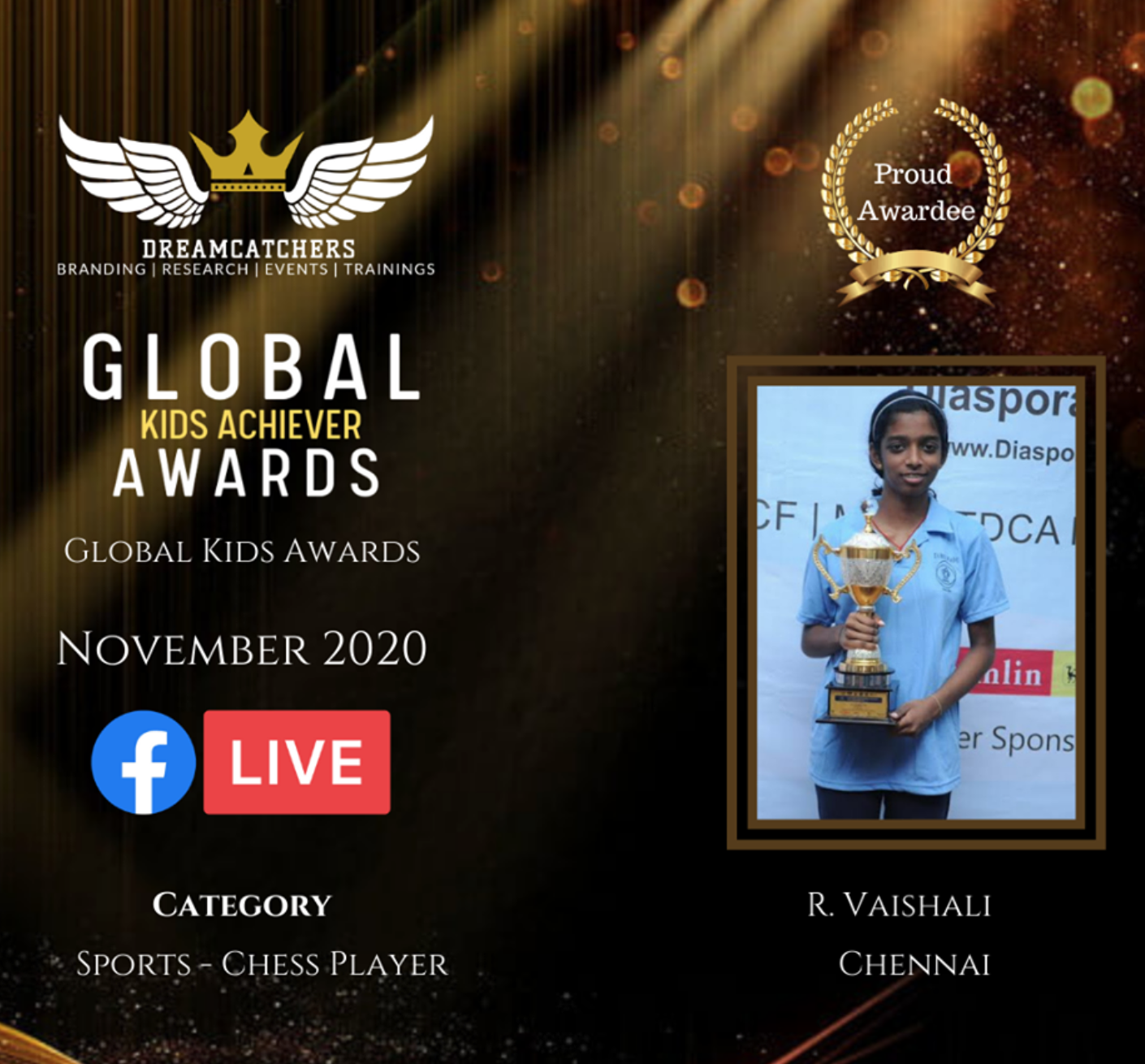 Read more about the article Vaishali received Global Kids Achievers Awards 2020 – Sports Chess Player